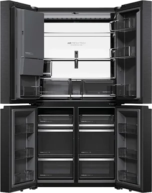 Haier HORIZON French Door z&nbsp;otwartymi drzwiami i&nbsp;pełnym wnętrzem, widok centralny