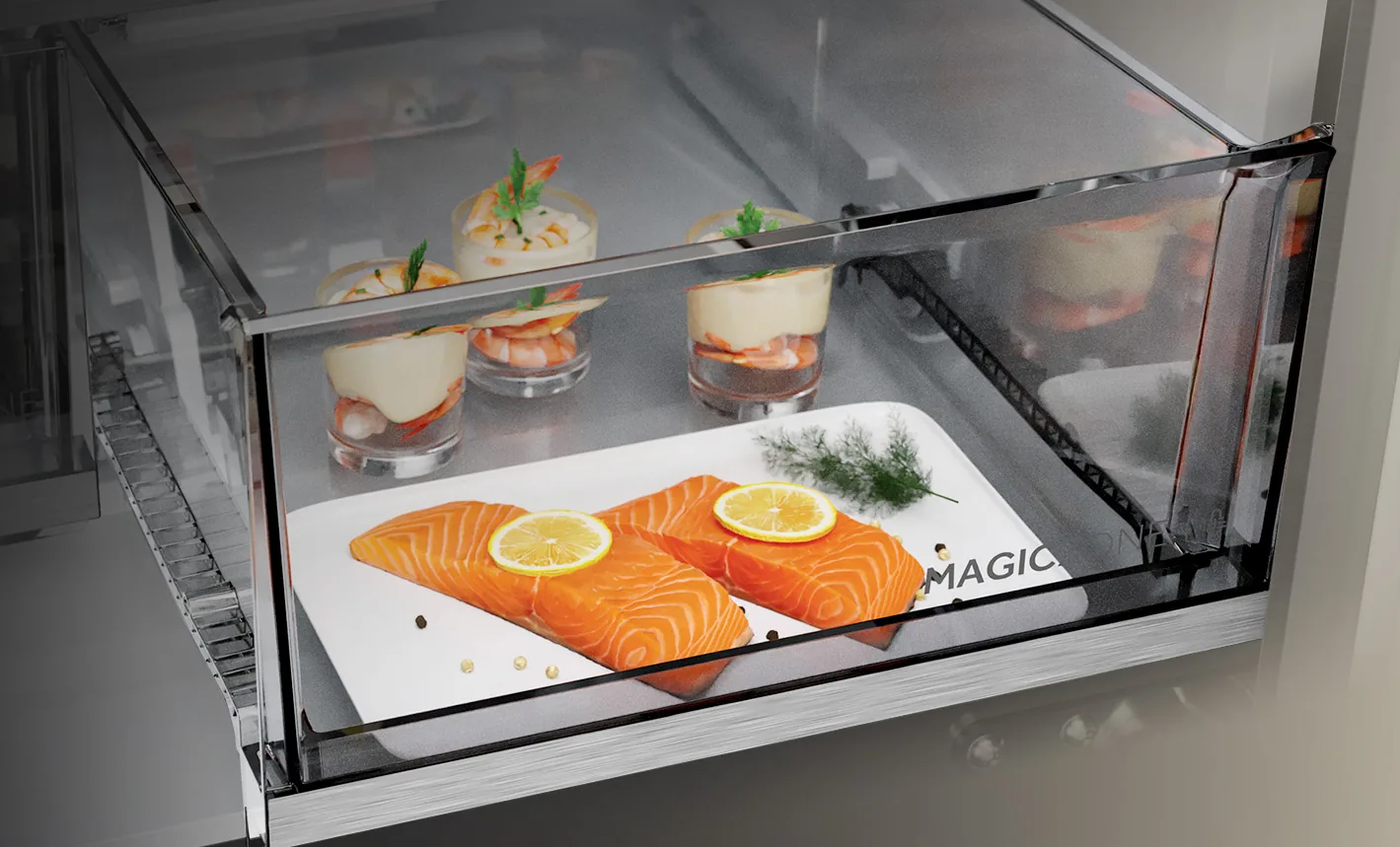 Strefa Magic Zone z&nbsp;regulowaną temperaturą i&nbsp;potrawami w&nbsp;lodówce Haier HORIZON