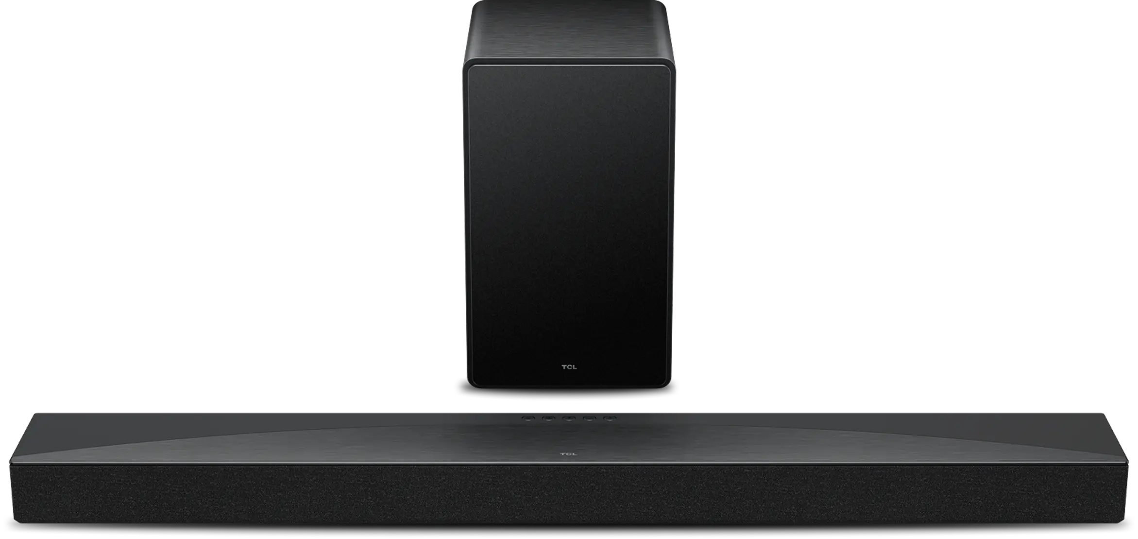 Czarny zestaw audio TCL Q65H składający się z długiej listwy głośnikowej oraz pionowego subwoofera.