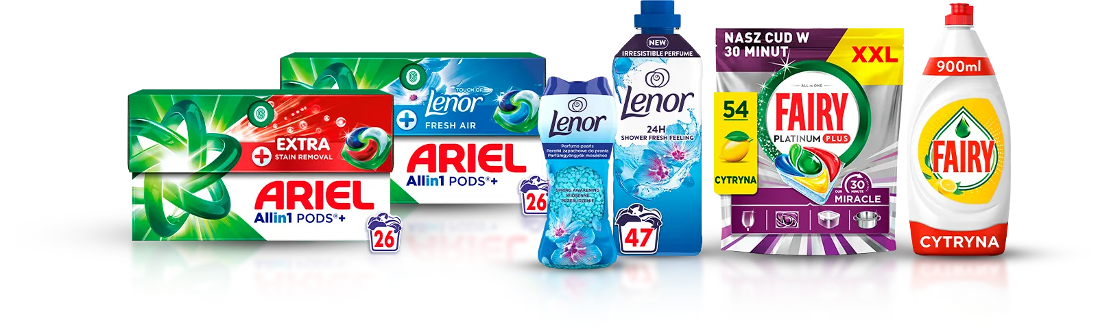 Zestaw produktów do prania i czyszczenia Ariel, Lenor i Fairy jako nagroda w promocji Braun.