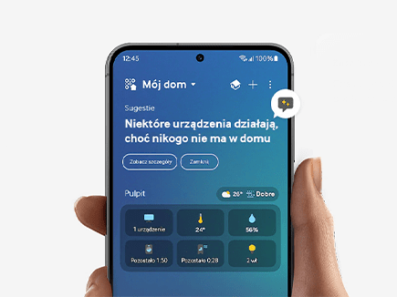 Ekran smartfona widoczny do po&lstrok;owy. Na ekranie wy&sacute;wietla si&eogon; menu aplikacji SmartThings.