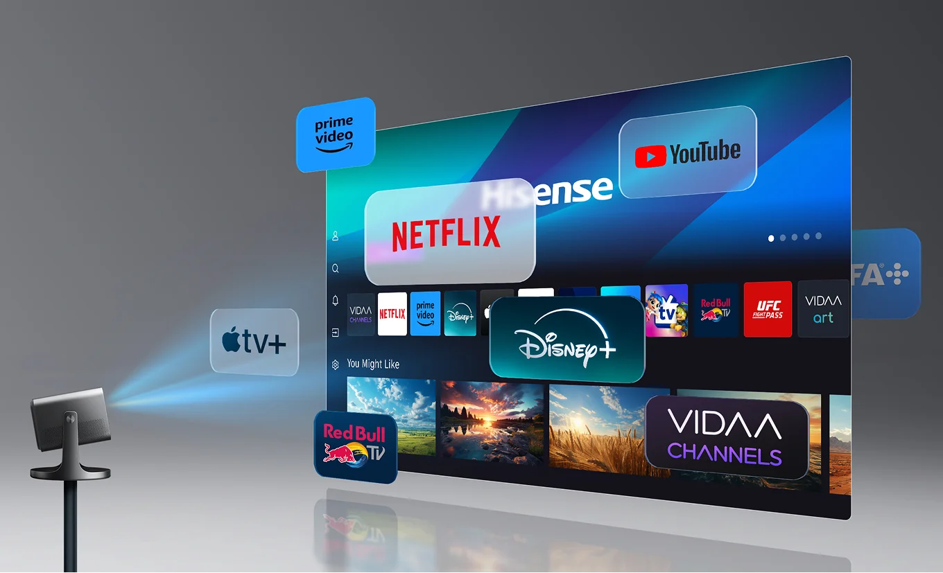 Loga aplikacji netflix, primevideo, youtube dostępnych w menu projektora.