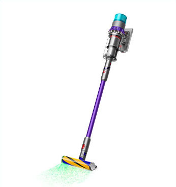 Fioletowy odkurzacz bezprzewodowy Dyson Gen5 z podświetlaną elektroszczotką ustawiony pod kątem