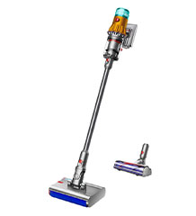 Odkurzacz bezprzewodowy Dyson V12s Slim Detect ze szczotką do mycia podłóg, obok stoi szczotka do odkurzania każdej powierzchni
