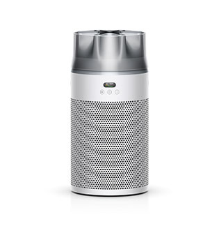 Kompaktowy, cylindryczny oczyszczacz Dyson HushJet Purifier Compact w kolorze biało-srebrnym w ujęciu od frontu