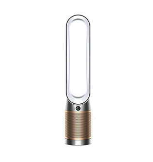 Smukły, srebrno-miedziany oczyszczacz powietrza Dyson Purifier Cool PC2, ustawiony przodem