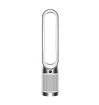 Wysoki, srebrno-biały oczyszczacz powietrza Dyson Purifier Cool PC1, widoczny od frontu
