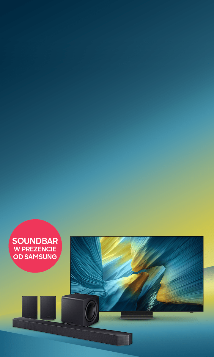 Telewizor i zestaw głośników z soundbarem na turkusowym tle. Obok czerwone kółko z napisem „SOUNDBAR W PREZENCIE”.