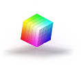 Trójwymiarowa kostka przestrzeni kolorów RGB z oznaczeniami kanałów i strzałkami kierunkowymi, ilustracja systemu zarządzania kolorami CMS