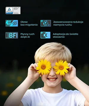 Dziecko trzymające słoneczniki przed oczami z ikonami funkcji komfortu wzroku: obraz bez migotania, redukcja ruchu, płynny ruch AI, adaptacja światła