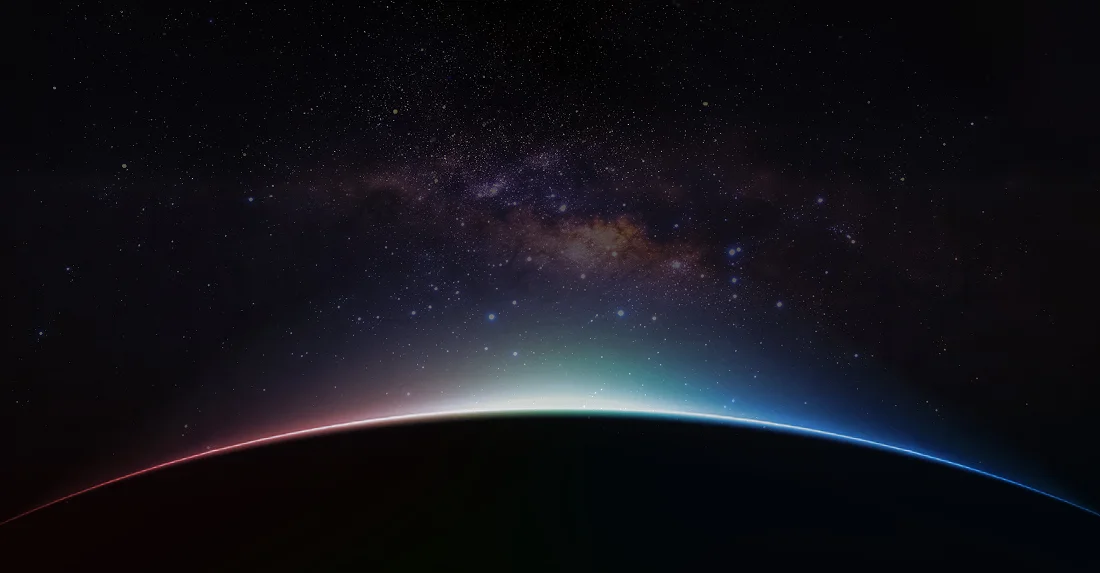 Krawędź Ziemi z atmosferą w blasku gwiazd i Mgławicy Drogi Mlecznej widziane z kosmosu