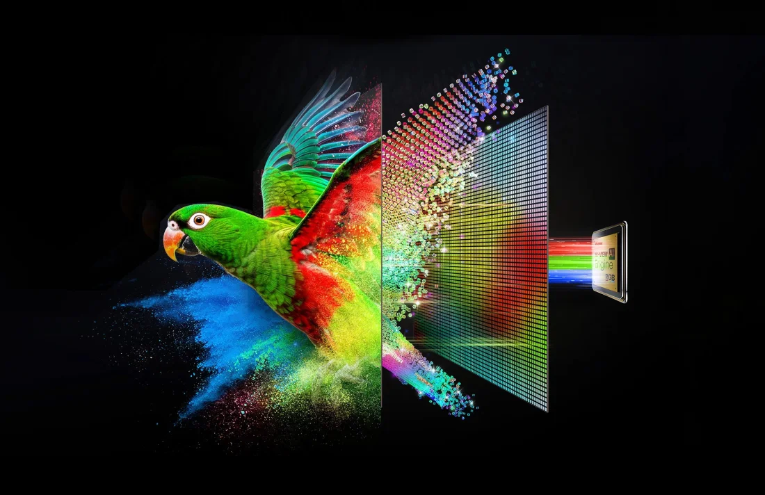 Kolorowa papuga przelatująca przez matrycę RGB MiniLED Hisense, ilustracja technologii wyświetlania obrazu