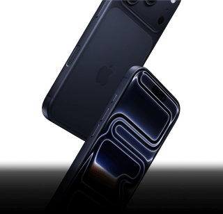 Dwa iPhone’y 17 Pro w kolorze głębinowego błękitu spadają, jeden przodem, drugi tyłem, prezentując wytrzymałość swojej konstrukcji