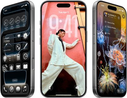 Trzy iPhone’y 17 Pro pokazane pod różnymi kątami prezentują trzy różne ekrany systemu iOS 26, w tym ekran początkowy z Liquid Glass, Tapetę i Zdjęcia
