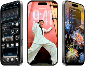 Trzy iPhone’y 17 Pro pokazane pod różnymi kątami prezentują trzy różne ekrany systemu iOS 26, w tym ekran początkowy z Liquid Glass, Tapetę i Zdjęcia