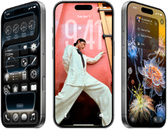 Trzy iPhone’y 17 Pro pokazane pod różnymi kątami prezentują trzy różne ekrany systemu iOS 26, w tym ekran początkowy z Liquid Glass, Tapetę i Zdjęcia
