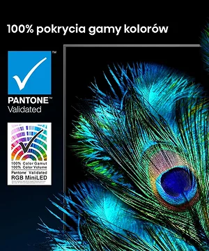 Pióro pawia w żywych kolorach z logotypami certyfikatów Pantone Validated i UL RGB MiniLED, napis 100% pokrycia gamy kolorów