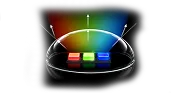 Dwukolorowa kopuła z widmem RGB na czarnej podstawie z macierzą diod MiniLED, ilustracja gamy kolorów technologii