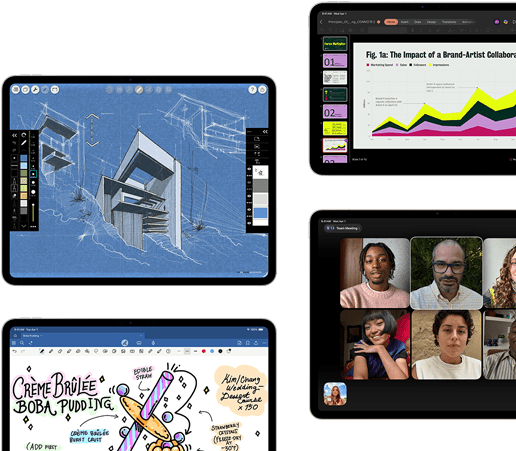 iPad Air wyświetlający odręczne notatki i rysunki w aplikacji Notatki. Dłoń rysująca za pomocą Apple Pencil Pro