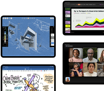 iPad Air wyświetlający odręczne notatki i rysunki w aplikacji Notatki. Dłoń rysująca za pomocą Apple Pencil Pro