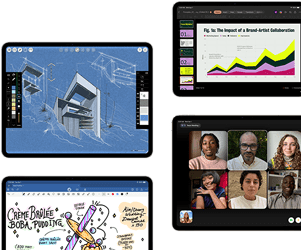 iPad Air wyświetlający odręczne notatki i rysunki w aplikacji Notatki. Dłoń rysująca za pomocą Apple Pencil Pro