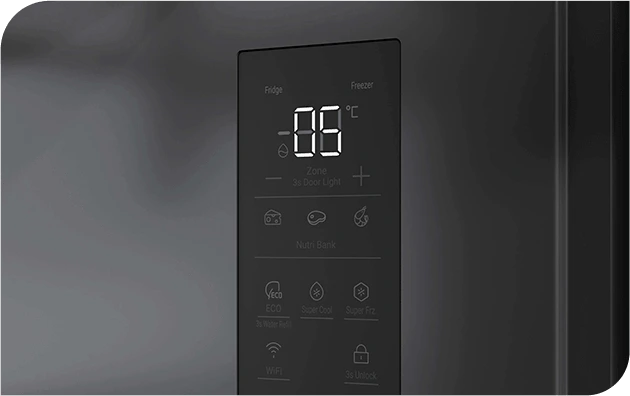 Dotykowy panel sterowania chłodziarko-zamrażarki Haier z wyświetlaczem temperatury i ikonami funkcji