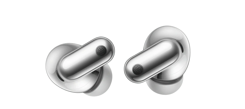 Para srebrnych słuchawek HUAWEI FreeBuds Neo w lśniącym wykończeniu, na pałąkach dekielki z otworami 
