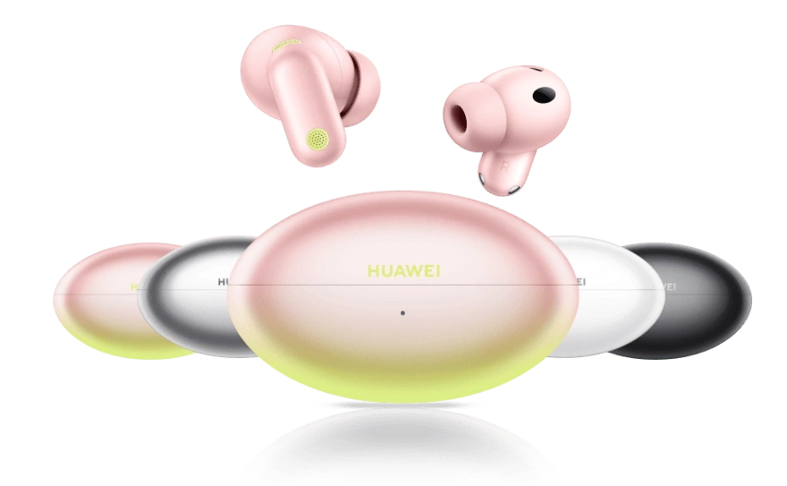 Pięć etui ładujących słuchawek HUAWEI FreeBuds Neo w kolorach, różowym, białym, srebrnym i czarnym i para różowych słuchawek