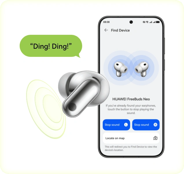 Słuchawka HUAWEI FreeBuds Neo emituje zielone fale, obok ekran smartfona wyświetla grafiki tych słuchawek