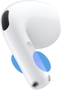 Słuchawka AirPods 5, niebieskie okręgi wskazują miejsca, gdzie należy dotknąć końcówki, żeby regulować głośność