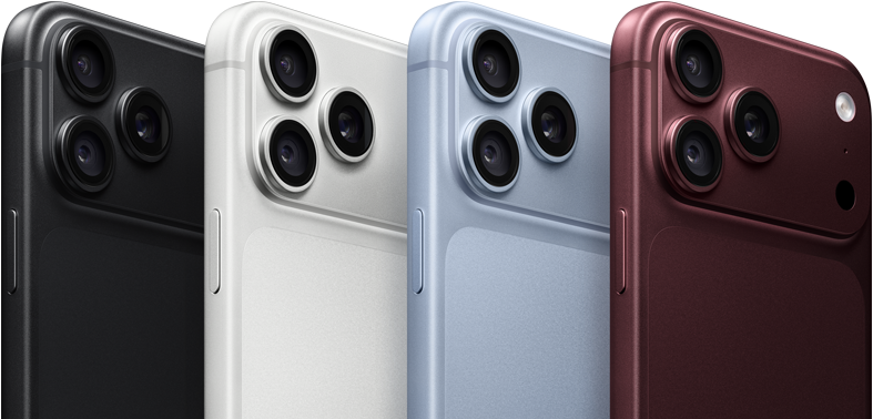 Kilka urządzeń iPhone 18 Pro w rzędzie, tył obudowy, wszystkie cztery kolory: burgund, błękit lodowca, srebrny, czarny, system Pro aparatów Fusion w lewym górnym rogu, 3 obiektywy, mikrofon, flesz