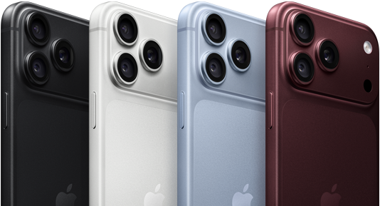Kilka urządzeń iPhone 18 Pro w rzędzie, tył obudowy, wszystkie cztery kolory: burgund, błękit lodowca, srebrny, czarny, system Pro aparatów Fusion w lewym górnym rogu, 3 obiektywy, mikrofon, flesz
