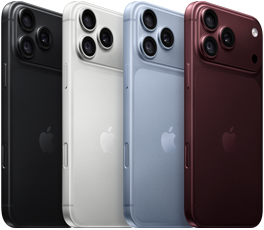 Kilka urządzeń iPhone 18 Pro w rzędzie, tył obudowy, wszystkie cztery kolory: burgund, błękit lodowca, srebrny, czarny, system Pro aparatów Fusion w lewym górnym rogu, 3 obiektywy, mikrofon, flesz