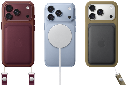 iPhone 18 Pro, tył obudowy, kolor burgunda, portfel z tkaniny FineWoven z MagSafe w kolorze burgunda; iPhone 18 Pro, tył obudowy, w kolorze błękit lodowca z przyczepionym akumulatorem MagSafe; iPhone 18 Pro, tył obudowy, kolor srebrny, z silikonowym etui w kolorze zielonym i ładowarką MagSafe
