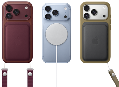 iPhone 18 Pro, tył obudowy, kolor burgunda, portfel z tkaniny FineWoven z MagSafe w kolorze burgunda; iPhone 18 Pro, tył obudowy, w kolorze błękit lodowca z przyczepionym akumulatorem MagSafe; iPhone 18 Pro, tył obudowy, kolor srebrny, z silikonowym etui w kolorze zielonym i ładowarką MagSafe