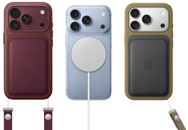 iPhone 18 Pro, tył obudowy, kolor burgunda, portfel z tkaniny FineWoven z MagSafe w kolorze burgunda; iPhone 18 Pro, tył obudowy, w kolorze błękit lodowca z przyczepionym akumulatorem MagSafe; iPhone 18 Pro, tył obudowy, kolor srebrny, z silikonowym etui w kolorze zielonym i ładowarką MagSafe