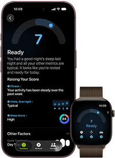 iPhone 18 Pro, kolor czarny, przód obudowy, widać wynik oceny gotowości (ocena 7), urządzenie sparowane z widocznym od przodu brązowym Apple Watch, widać ten sam wynik oceny gotowości (ocena 7)