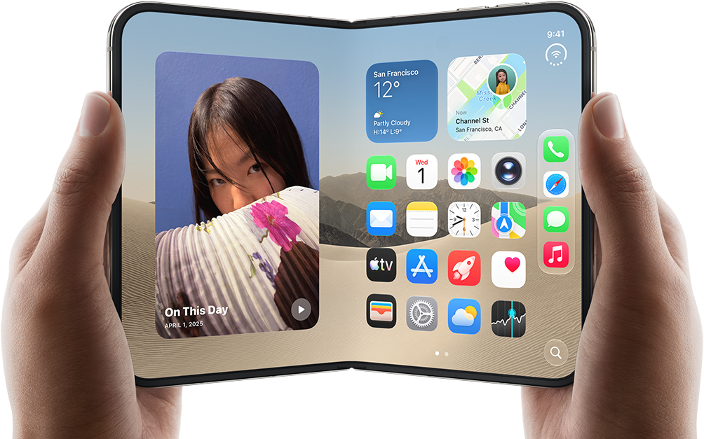 Trzymany w dwóch dłoniach rozłożony iPhone [V68] w kolorze [L8] w układzie poziomym, na wyświetlaczu wewnętrznym po lewej stronie widać zdjęcia, po prawej aplikacje