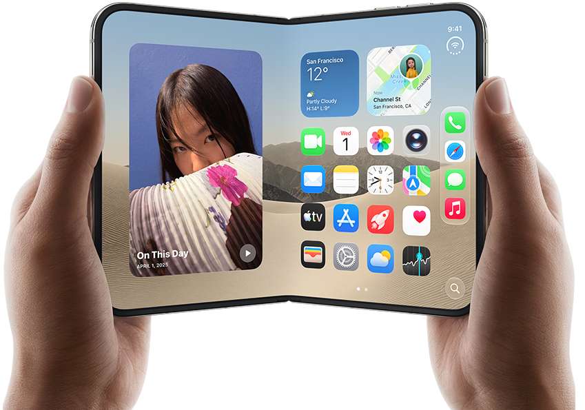 Trzymany w dwóch dłoniach rozłożony iPhone [V68] w kolorze [L8] w układzie poziomym, na wyświetlaczu wewnętrznym po lewej stronie widać zdjęcia, po prawej aplikacje