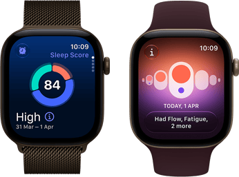 Apple Watch Series 12 z kopertą z aluminium w kolorze ciemnego brązu, wykres kołowy z wynikiem snu, pokrętło Digital Crown, bransoleta mediolańska w kolorze ciemnego brązu