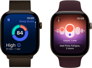 Apple Watch Series 12 z kopertą z aluminium w kolorze ciemnego brązu, wykres kołowy z wynikiem snu, pokrętło Digital Crown, bransoleta mediolańska w kolorze ciemnego brązu