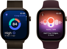 Apple Watch Series 12 z kopertą z aluminium w kolorze ciemnego brązu, wykres kołowy z wynikiem snu, pokrętło Digital Crown, bransoleta mediolańska w kolorze ciemnego brązu