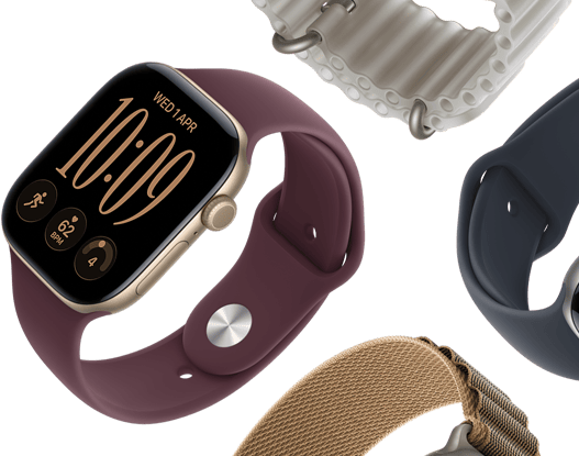 Paski do Apple Watch Series 11: pasek sportowy w kolorze mlecznego fioletu, pasek Ocean w kolorze marynarskiego granatu, opaska Alpine w kolorze jasnoniebieskim