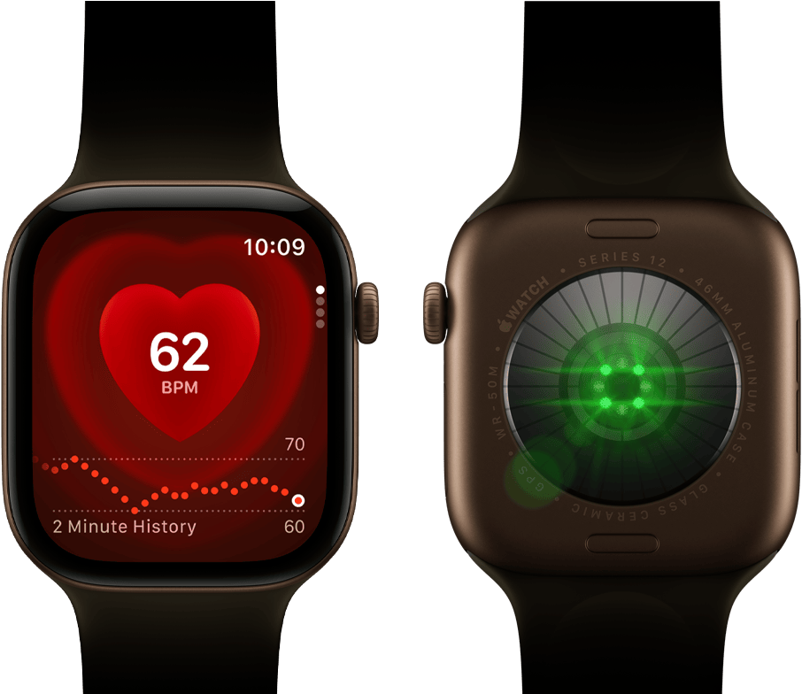 Dwa urządzenia Apple Watch Series 12 z kopertą z aluminium w kolorze ciemnego brązu i z paskiem sportowym w kolorze oliwki. Na jednym widać aplikację Tętno, na tyle drugiego – System monitorowania zdrowia z migającymi zielonymi diodami LED
