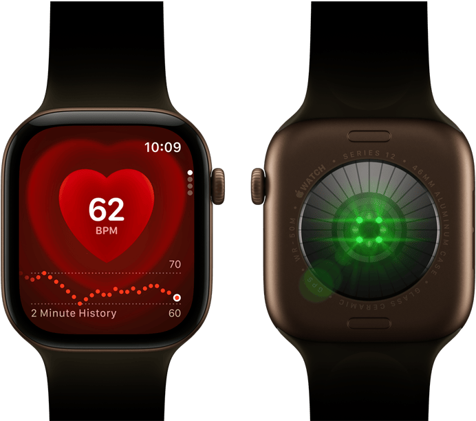 Dwa urządzenia Apple Watch Series 12 z kopertą z aluminium w kolorze ciemnego brązu i z paskiem sportowym w kolorze oliwki. Na jednym widać aplikację Tętno, na tyle drugiego – System monitorowania zdrowia z migającymi zielonymi diodami LED