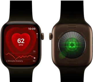 Dwa urządzenia Apple Watch Series 12 z kopertą z aluminium w kolorze ciemnego brązu i z paskiem sportowym w kolorze oliwki. Na jednym widać aplikację Tętno, na tyle drugiego – System monitorowania zdrowia z migającymi zielonymi diodami LED