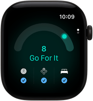 Apple Watch Series 12 z kopertą z aluminium w kolorze czarnym, wynik gotowości równy 8, widoczny prawy bok urządzenia, pokrętło Digital Crown