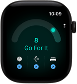 Apple Watch Series 12 z kopertą z aluminium w kolorze czarnym, wynik gotowości równy 8, widoczny prawy bok urządzenia, pokrętło Digital Crown