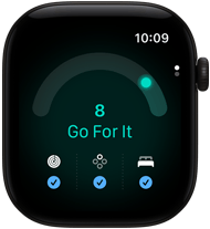 Apple Watch Series 12 z kopertą z aluminium w kolorze czarnym, wynik gotowości równy 8, widoczny prawy bok urządzenia, pokrętło Digital Crown