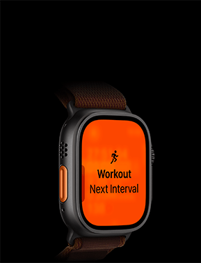 Apple Watch Ultra 4 z kopertą z tytanu w kolorze czarnym, widać kolejny interwał treningu Bieg, widoczny lewy bok urządzenia, przycisk czynności w kolorze pomarańczowym, opaska Alpine